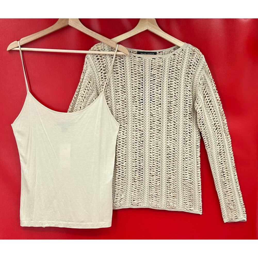 Ralph Lauren Black Label Hand Crochet Tan Sweater/Cami Matching 2 Pc Set M NWT